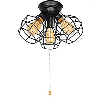 Baiwaiz Industrial Ceiling Light Fixture, 3-Light Metal Wire Cage Flush Mount Ceiling Light with Pull String Vintage Retro Close To Ceiling lighting Black Finish Edison E26 BW17018