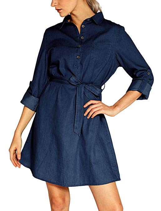 Urban CoCo Women's Tie-Belt Shirtdress Denim Blouse Dress