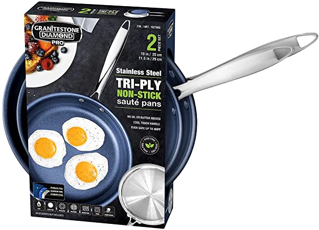 GRANITESTONE Stainless Steel Tri-Ply Non-Stick Saute Pans, 2-piece Set