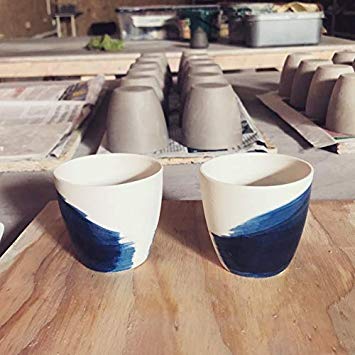 Barista Blends Handmade Espresso Coffee Cups | Made in Wales | Contemporary Gift | White & Blue Hand-Painted Double Espresso Cup | Chinese Tea Ceremony | Dishwasher Safe (Box of 2)