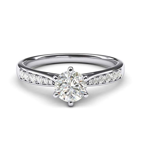 14k white gold 1.0 CT Classic 6-Prong Simulated Diamond Engagement Ring Graduated Side Stones Promise Bridal Ring