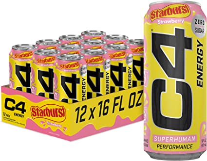 C4 Energy Drink by Cellucor | STARBURST Strawberry | Carbonated Sugar Free Pre Workout Performance Drink with no Artificial Colors or Dyes | 16 oz - 12 Pack Case