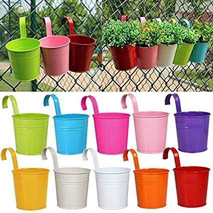 Yaheetech Set of 10 Different Colors Metal Iron Flower Pot Hanging Balcony Garden Plant Planter Home Décor Home Ornaments