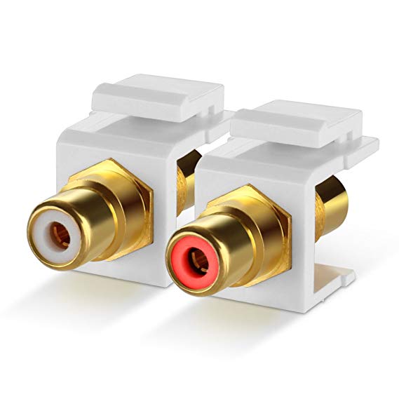 TNP RCA Keystone Jack Insert Connector Socket Modular Adapter Snap In Female 2RCA Port Gold Plated Inline Coupler For Wall Plate Outlet Panel Mount, 2 Channel Audio Red   White (1 Pack)