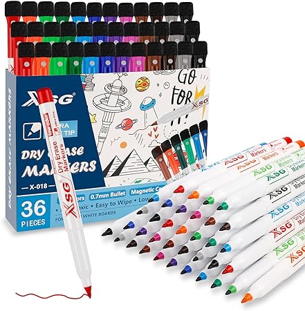 XSG 36pcs Magnetic Dry Erase Markers Ultra Fine Tip，0.7mm Magnetic Ultra Fine Point Dry Erase Markers，12 Assorted Colors Markers For Adults & Kids，Extra Fine Tip For Planning & Calendar boards