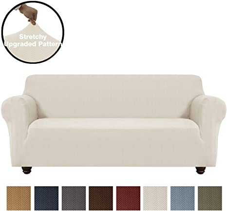 OBYTEX Stretch Sofa Slipcover Furniture Protectors Spandex Upgrade Pattern Jacquard Fabric Couch Covers Dog Cat Pet, Machine Washable (Large, Cream)
