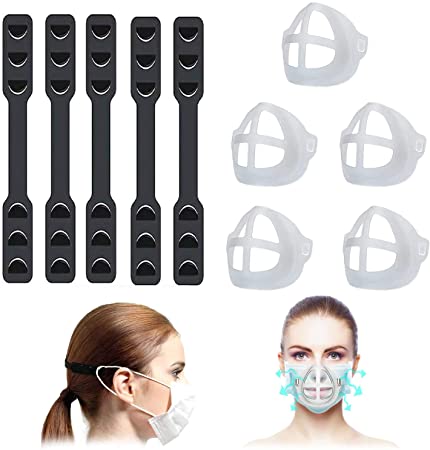 3D Face Bracket Inner Support with Extender Strap Adjustable Reusable Ear Strap Hook Support Frame,Lipstick Protection and Comfortable Wearing (5 5PCS)