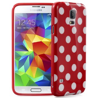 Fosmon DURA-Polka Dot Case Slim Fit Flexible TPU Cover for Samsung Galaxy S5 - Retail Packaging (Red / White Dots)