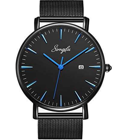 SONGDU Mens Fashion Unisex Ultra Thin Analogue Quartz Black Minimalist Wrist Watch
