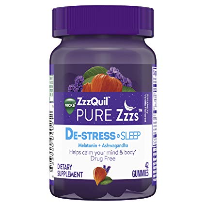 Vicks Zzzquil Pure Zzzs De-Stress & Sleep Melatonin Gummies with Ashwagandha, Chamomile, Lavender, 42 Count