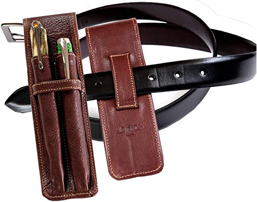 Aston Leather Double Pen Holster - Two Pen Leather Case Brown