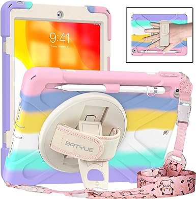 BATYUE iPad 9th/ 8th/ 7th Generation Case 10.2’’, Shockproof Case with Screen Protector Pencil Holder [360° Rotating Hand Strap] &Stand, Kids Case for iPad 10.2 inch 2021/2020/2019, Colourful Pink