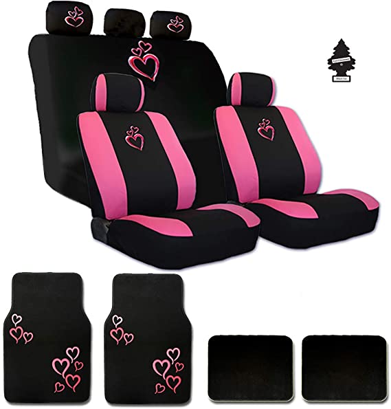 Yupbizauto New Large Pink Heart Car Truck SUV Seat Covers with Embroidery Logo Headrest Covers Floor Mats Gift Set
