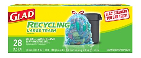 Glad Recycling Drawstring Large Trash Bags, Blue, 30 Gallon, 28 Count
