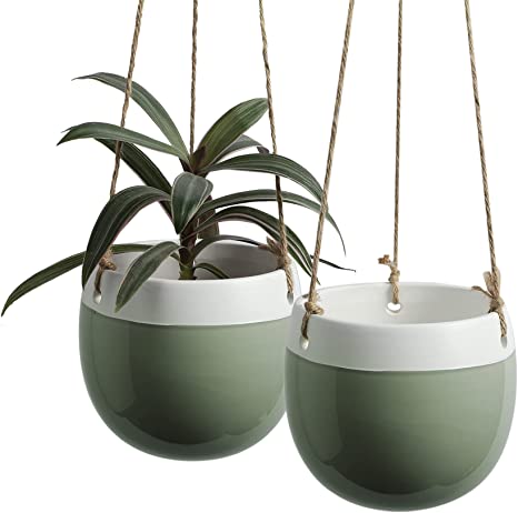 Ceramic Hanging Planters Plant Pots - POTEY 056802 5.3 Inch Indoor Hanging Pots Round Plant Holder Home Decor with Jute Rope for Succulents Herbs Ivy Ferns Crawling Plants Small Plants(Set of 2)