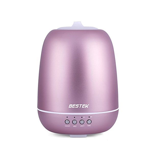 BESTEK 350ml Aromatherapy Essential Oil Diffuser Ultrasonic Cool Mist Humidifier with 360 ° Rotating Spraying and Changing Colored LED Lights, Waterless Auto Shut-off and Adjustable Mist Mode, Pink