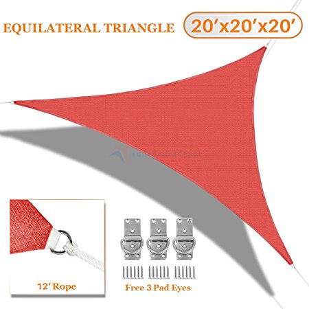 Sunshades Depot 20' x 20' x 20' Sun Shade Sail Equilateral Triangle Permeable Canopy Rust Red Custom Size Available Commercial Standard 180 GSM HDPE