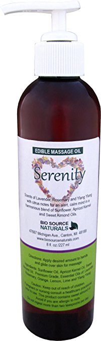 Serenity Massage Oil 8 Fl. Oz. Edible. Contains pure essential oils of Ylang Ylang, Lavender, Rosemary, Orange, Lemon and Lime with all Natural Plant Oils.
