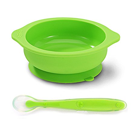 Baby/Toddler Feeding Silicone bowl with Stay-Put Suction Base and Spoon Set (Green)