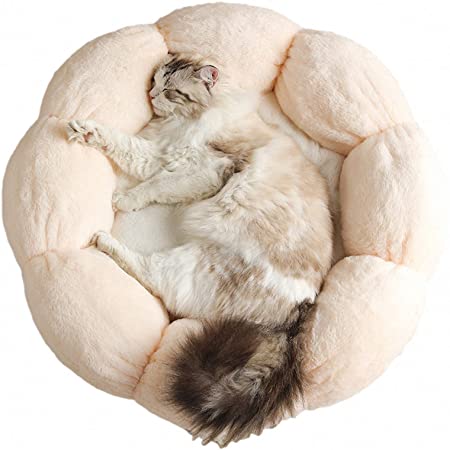 Cat Bed Soft Plush 16inch 22inch Flower Cushion Self Warming Machine Washable Pet Bed with Waterproof Bottom for Cats, Kittens, Puppies and Small Dogs, Pink &White