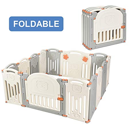 Costzon Baby Playpen, 14-Panel Foldable Kids Safety Activity Center Playard w/Walk-Through Locking Gate, Non-Slip Rubber Mats, Adjustable Shape, Portable Design for Indoor Outdoor Use (Beige   Gray)