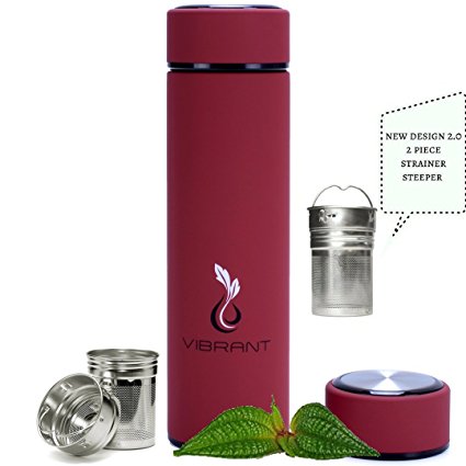 VIBRANT ALL IN ONE Travel Mug - TEA INFUSER Bottle - Insulated HOT COFFEE THERMOS - Cold FRUIT INFUSED Water Flask - Food grade LEAK PROOF Tumbler Double wall Stainless Steel 17oz