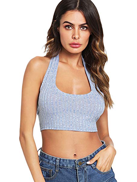 Romwe Women's Tie Front Halter Backless Sexy Ribbed Tank Crop Top