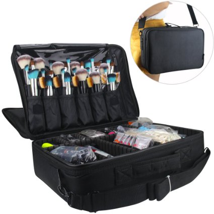Travelmall Professional Makeup Train Case Cosmetic organizer Make Up Artist Box 3 layer Large size with Adjustable Shoulder for Makeup Brush set Hair style nail beauty tool 16.54" *11.42"*5.51" Black
