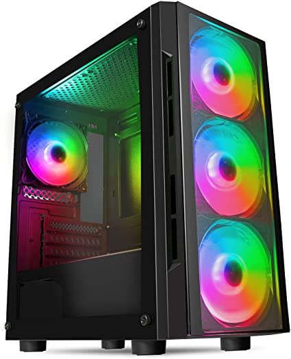 CiT Flash ARGB PC Gaming Case, M-ATX, 4 x 120mm ARGB Rainbow Fans Included, Tempered Glass, LED Button, 8 Fan Support, Water-Cooling Ready | Black