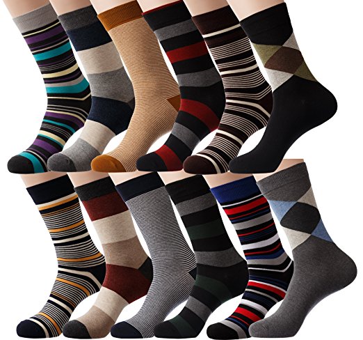 YourFeet Men’s 12 Pack Cotton Colorful Patterned Comfortable Dress Socks, Stripe Argyle Design Business Socks Best Gift