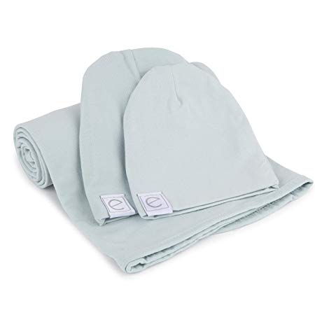 Cotton Knit Jersey Swaddle Blanket and 2 Beanie Baby Hats Gift Set, Large Receiving Blanket by Ely's & Co (Baby Blue)
