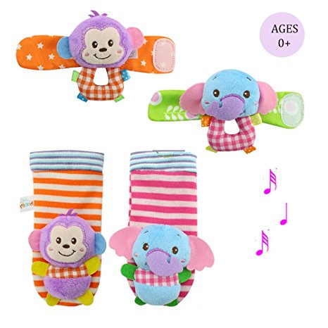 Daisy Infant Baby Soft Plush 4 Animal Wrists Rattle and Foot Finder Socks Set Best Gift Early Educational Development Toy for Boys and Girls - Elephant and Monkey