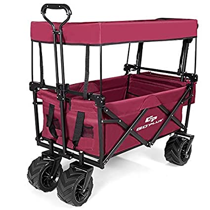 COSTWAY Folding Wagon Trolley Cart with Removable Canopy, Front Pocket, 4 Wheels, Push Pull Handle, Canvas Transport Utility Handcart for Shopping Camping Gardening Sporting Events (Red)