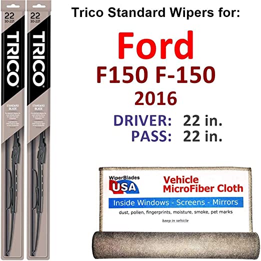 Wiper Blades for 2016 Ford F150 F-150 Driver & Passenger Trico Steel Wipers Set of 2 Bundled with Bonus MicroFiber Interior Car Cloth