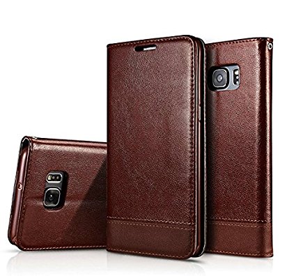 SAMSUNG, Galaxy S6 Edge Case, S6 Edge ONLY, flip book, stand feature, PU leather case with a lanyard, Soft TPU inner, wallet case, premium protective, magnetic closure, FS 0413 Phone Case (Brown)