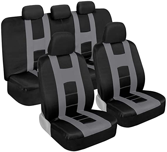 carXS Forza Light Gray Car Seat Covers Full Set, Two-Tone Front Seat Covers with Matching Back Seat Cover for Cars, PolyCloth Car Seat Protectors with Split Bench Design, Automotive Interior Covers