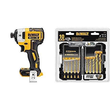 DEWALT DCF887B 20V MAX XR Li-Ion Brushless 0.25" 3-Speed Impact Driver with DEWALT Titanium Drill Bit Set, 10-Piece Impact Ready (DD5160)