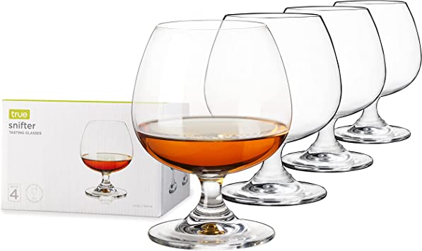 True Snifter Glasses Brandy Bowls, Cognac Balloon Glass for Bourbon, Whiskey, Whisky, Scotch, 14 Ounce, Crystal, Set of 4