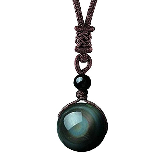 OK-STORE Natural Black Obsidian Rainbow Eyes Stone Necklace Pendant, 16mm Obsidian Bead with Woven Cotton Chain, Talisman Dedication of Wellness and Wealth