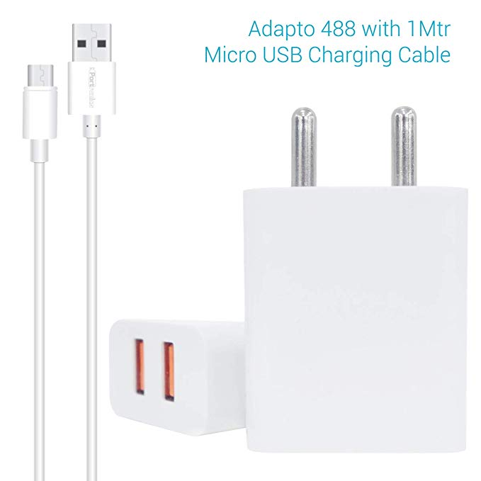 Portronics Adapto 488 Quick Charger USB Wall Adapter with 2.4A Quick Charging Dual USB Port   Micro USB Charging Cable for All iOS & Android Devices (White)