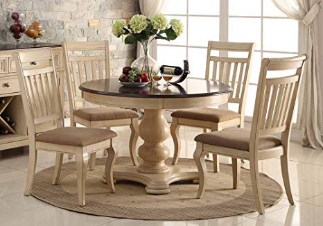 1PerfectChoice 5 pcs Elegant Dining Round Table Set Antique Cream Cherry Upholstered Side Chair