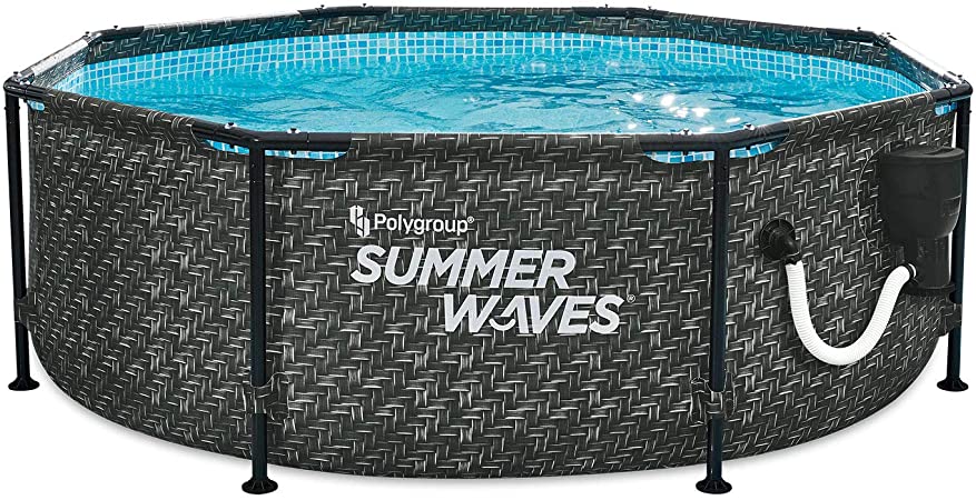 Summer Waves Active Metal Frame 8ft x 30in Round Above Ground Wicker Gray Swimming Pool Set with Skimmer Plus Pool Filter Pump and Type 1 Filter Cartridge