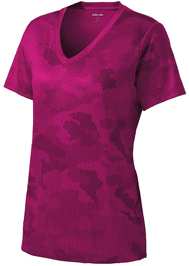 Joe's USA Ladies CamoHex V-Neck All Sport Moisture Wicking Shirts.Sizes: XS-4XL