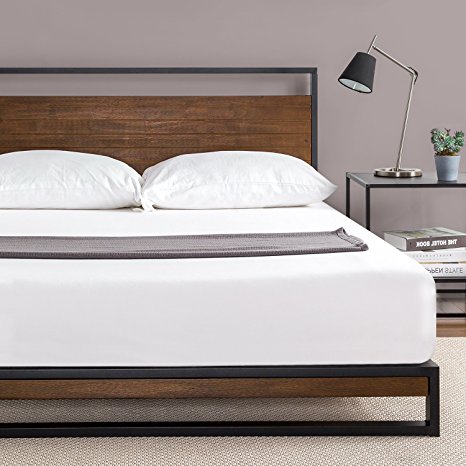 Zinus Ironline Metal and Wood Platform Bed with Headboard / Box Spring Optional / Wood Slat Support, Twin