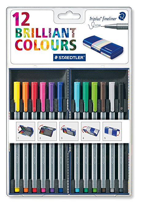 Staedtler Back-to-School 12 Brilliant Multi Colors Triplus 0.3mm Fineliner Pens with Case