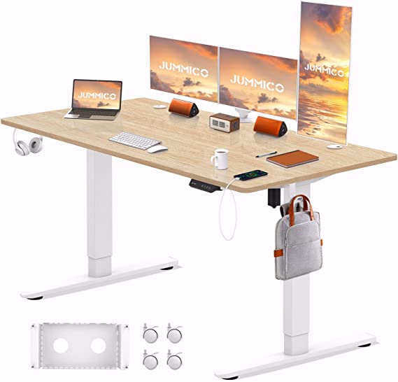 JUMMICO Electric Standing Desk 160 * 80cm Height Adjustable Standing Desk Sit Stand Table with Cable Tray and 360° Wheels Stand Up Desk for Home Office (Beige)