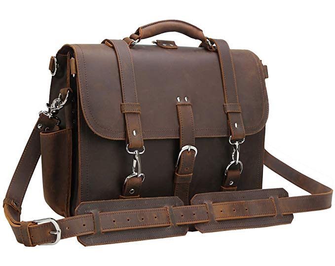 Polare Men's Full Grain Leather 16'' Laptop Briefcase Shoulder Messenger Bag