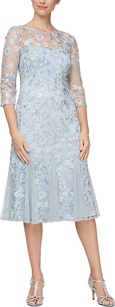 Alex Evenings Women's Tea Length Embroidered Dress Illusion Sleeves (Petite Missy)