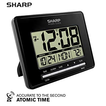 Sharp Atomic Desktop Clock – Auto Set Digital Alarm Clock - Atomic Accuracy - Easy to Read Screen with Time/Date/Temperature Display- Perfect for Nightstand or Desk