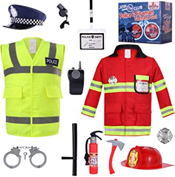 Kids Police and Fireman Costume - Dress Up Outfit for Boys and Girls 3-7 Years Old - Includes Police Costume, Fireman Costume and Accessories. For Fancy Dress, Dressing Up, Halloween.